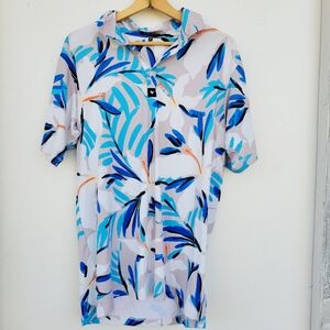 Bad Birdie Mens Flower Leaf Tropical Polo Shirt Blue Size Medium